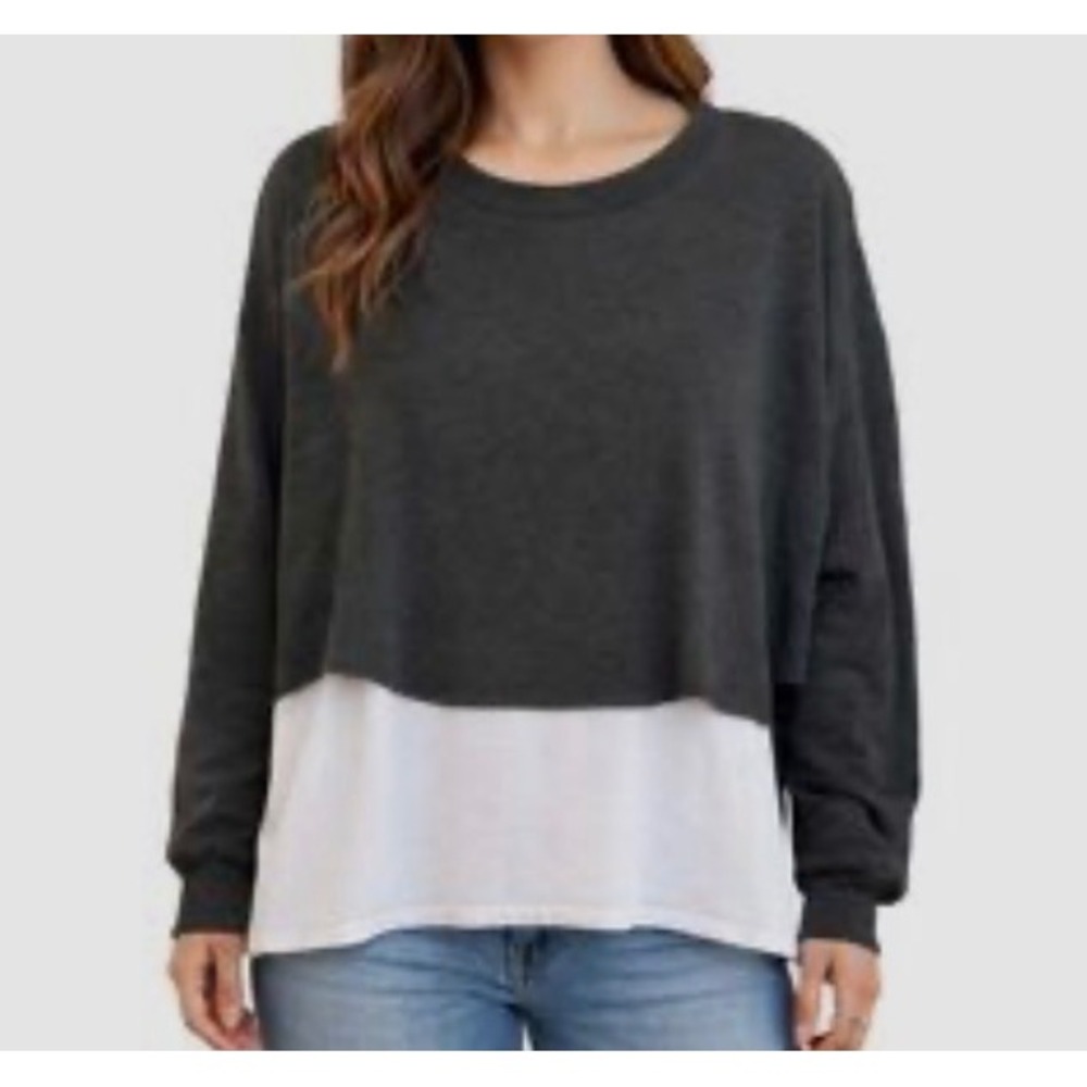 Lulus Womens Charcoal Grey White Layered Long Sleeve Cropped Overlay Top size S
